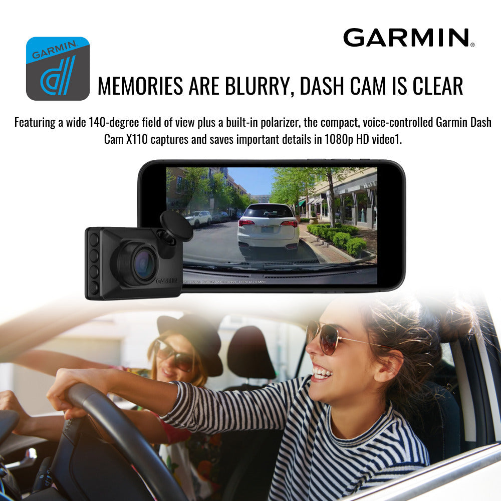 Garmin Dash Cam X110 1080p Camera with 140-Degree Field of View and Voice Control (Black) Bundle