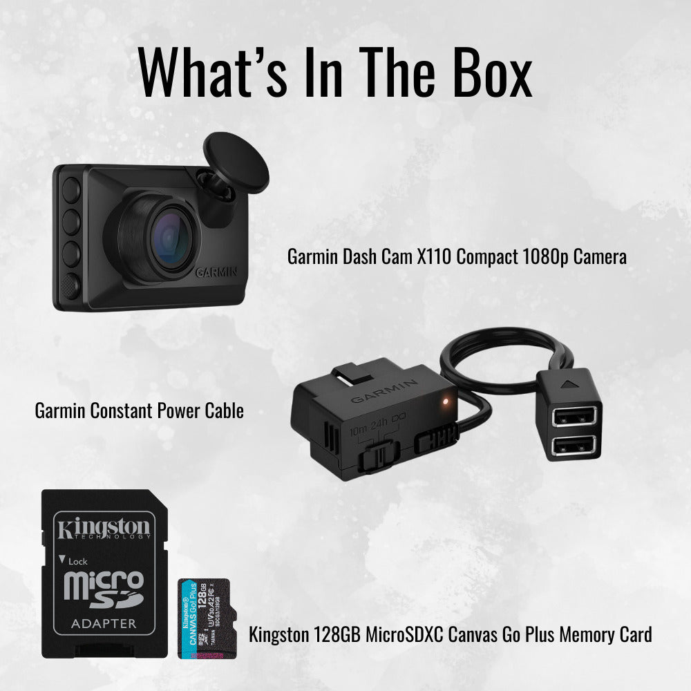 Garmin Dash Cam X110 1080p Camera with 140-Degree Field of View and Voice Control (Black) Bundle