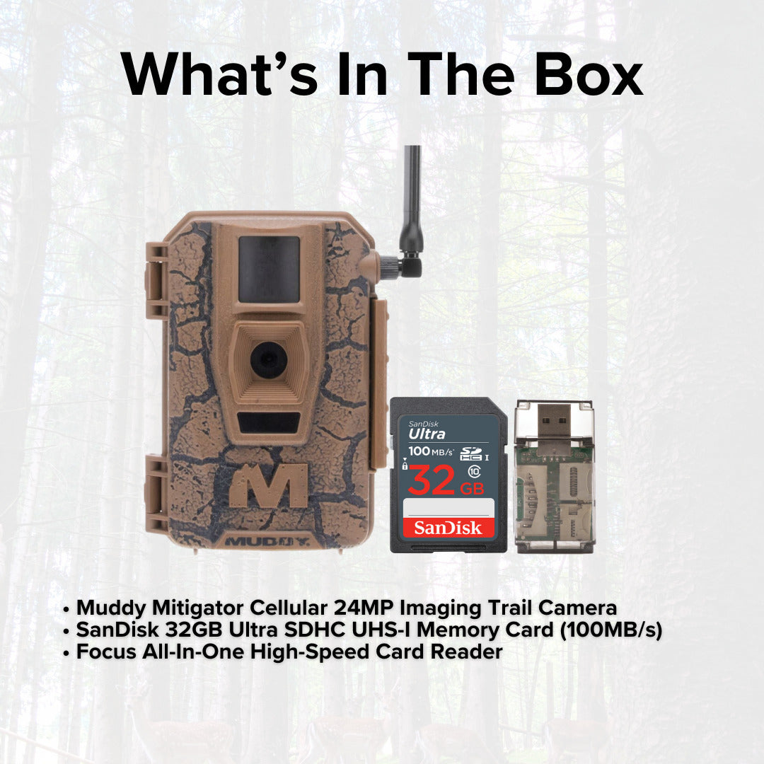 Muddy Mitigator Cellular 24MP Trail Camera with 80 Feet Detection and Flash Range Bundle