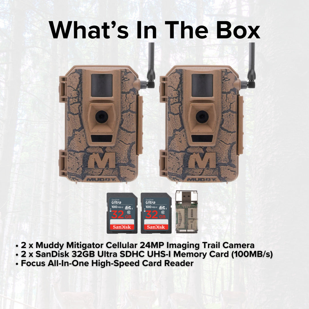 Muddy Mitigator Cellular 24MP Trail Camera with 80 Feet Detection and Flash Range (2-Pack) Bundle