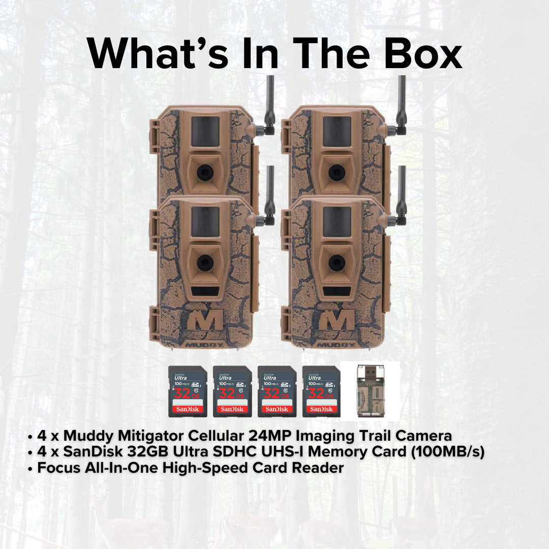 Muddy Mitigator Cellular 24MP Trail Camera with 80 Feet Detection and Flash Range (4-Pack) Bundle