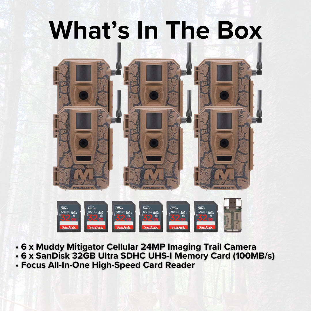 Muddy Mitigator Cellular 24MP Trail Camera with 80 Feet Detection and Flash Range (6-Pack) Bundle