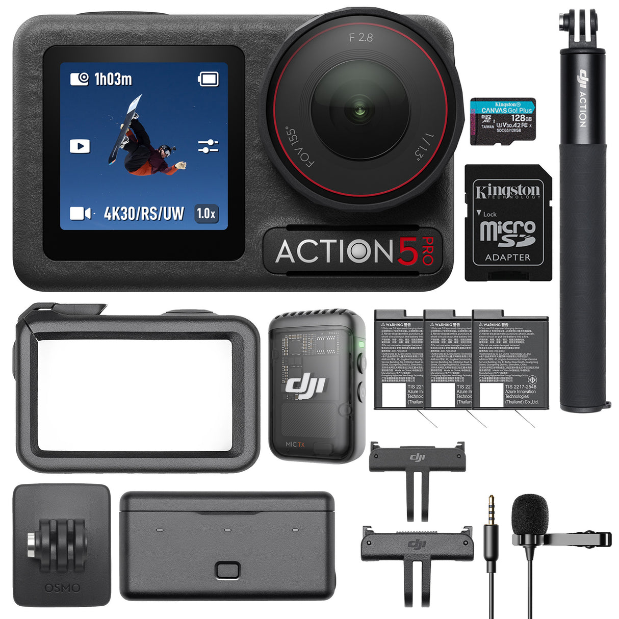 DJI Osmo Action 5 Pro Adventure Combo with DJI Mic 2 Transmitter and 128GB MicroSD Card Bundle