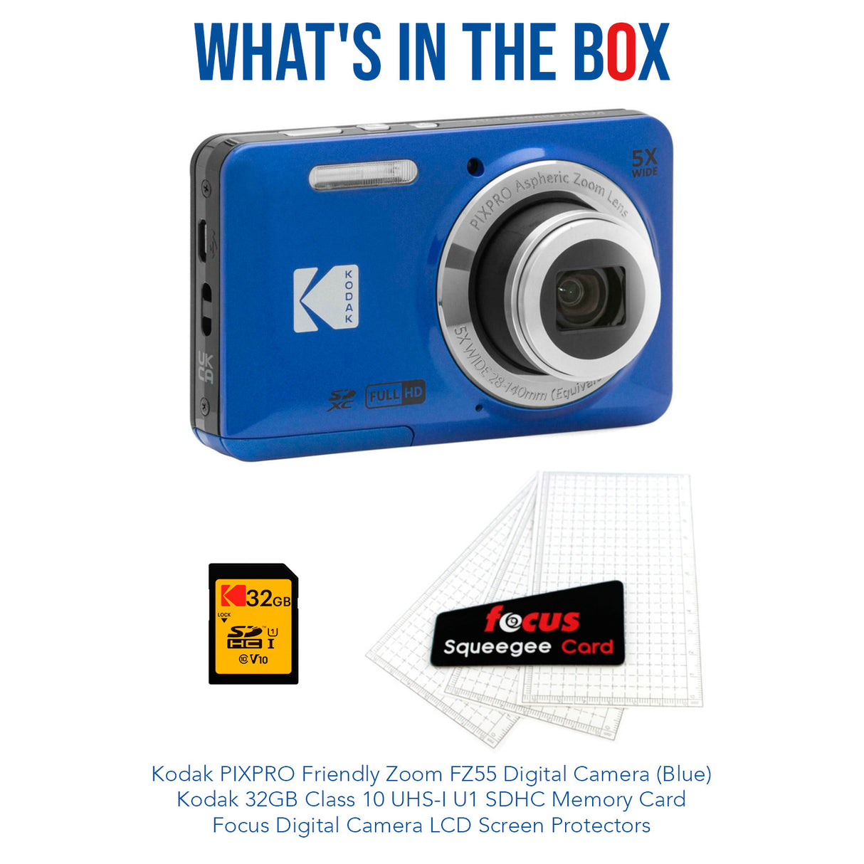 Kodak PIXPRO Friendly Zoom FZ55 Digital Camera (Blue) with Digital Camera Screen Protectors Bundle