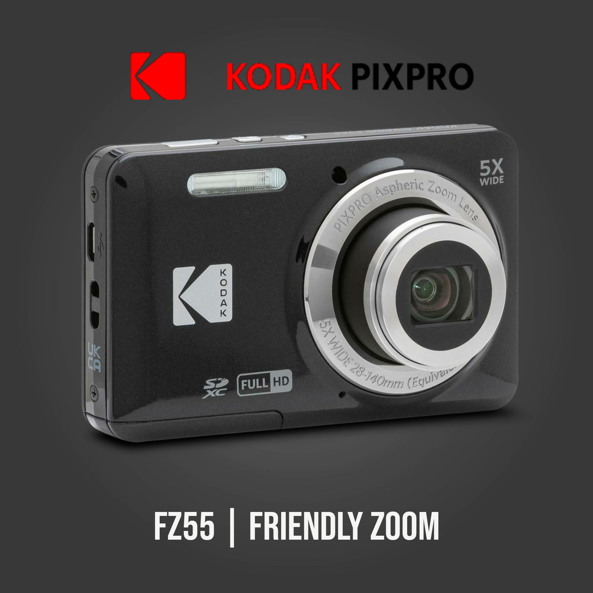 Kodak PIXPRO Friendly Zoom FZ55 Digital Camera (Black) with Digital Camera Screen Protectors Bundle