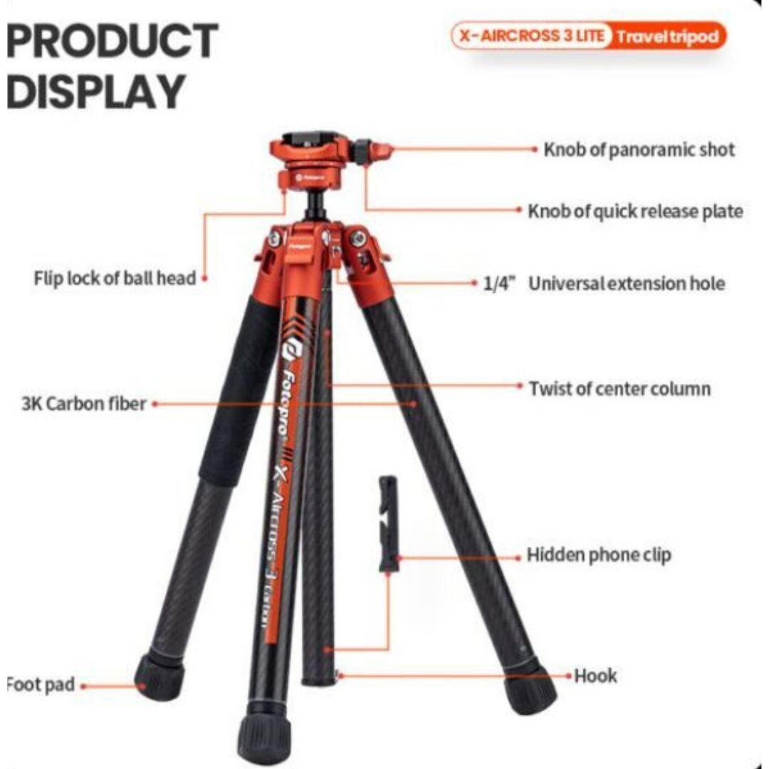 Fotopro X-Aircross 3 Lite Tripod with 3K Carbon Fiber Legs and Fast Locking System (Orange)