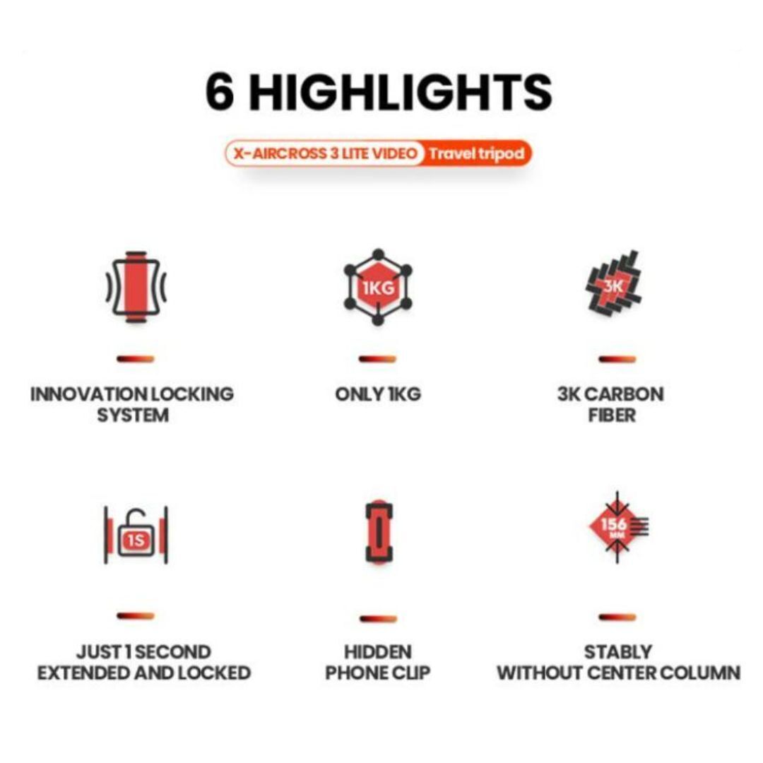 Fotopro X-Aircross 3 Lite Video Tripod with 3K Carbon Fiber Legs and Fast Locking System (Gray)