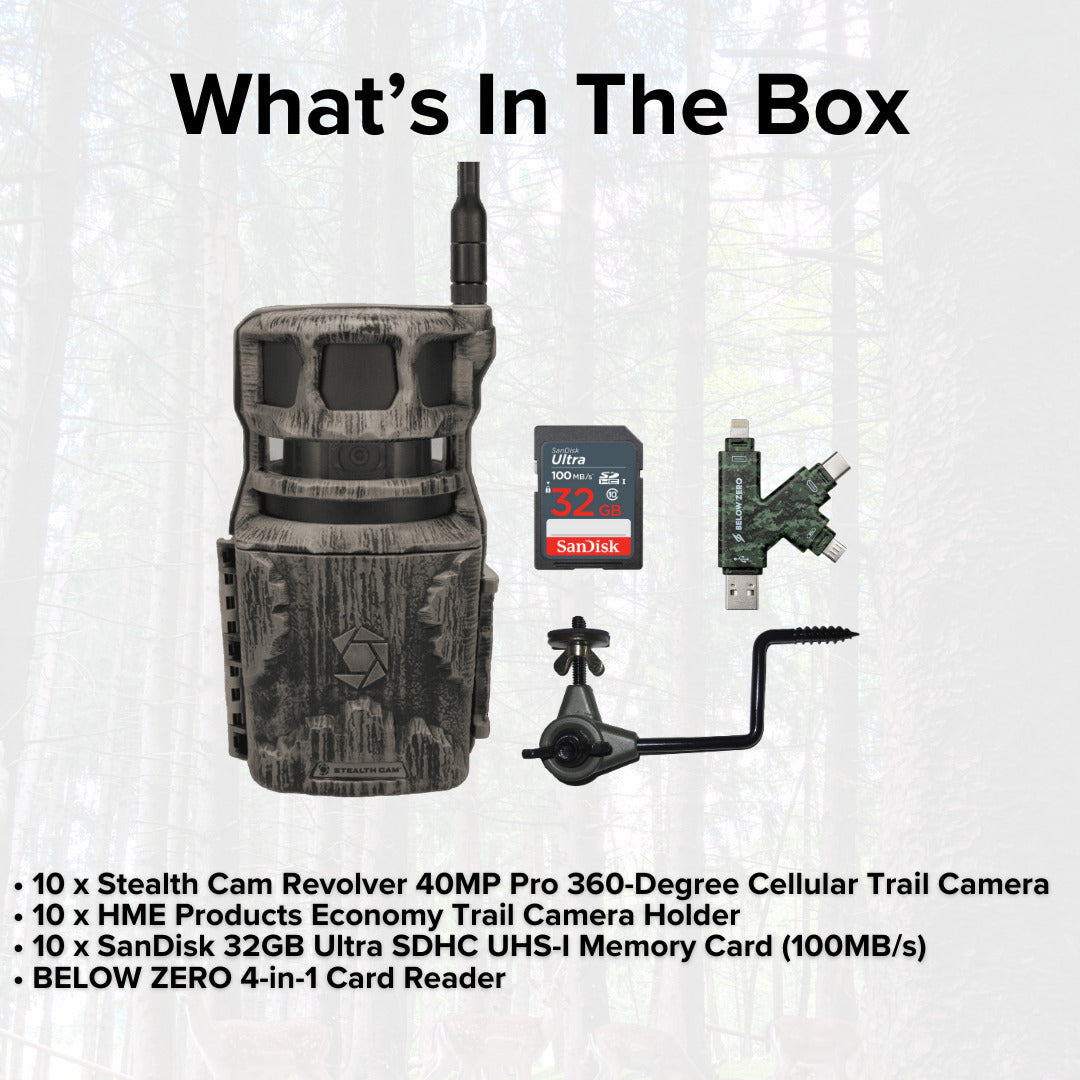 Stealth Cam Revolver 40MP Pro 360-Degree Cellular Trail Camera with 0.25-Inch Mount (10-Pack) Bundle