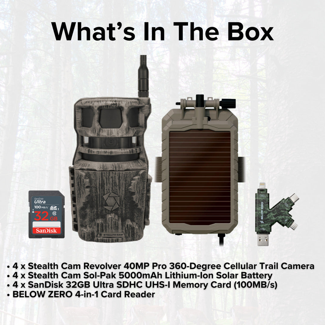 Stealth Cam Revolver 40MP Pro 360 Degree Cellular Trail Camera with Solar Battery (4-Pack) Bundle