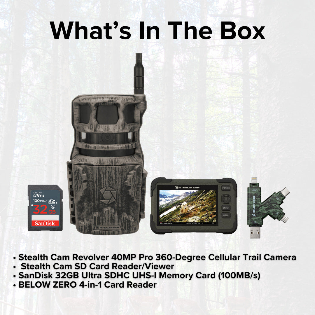 Stealth Cam Revolver 40MP Pro 360 Degree Cellular Trail Camera with SD Card Reader Bundle