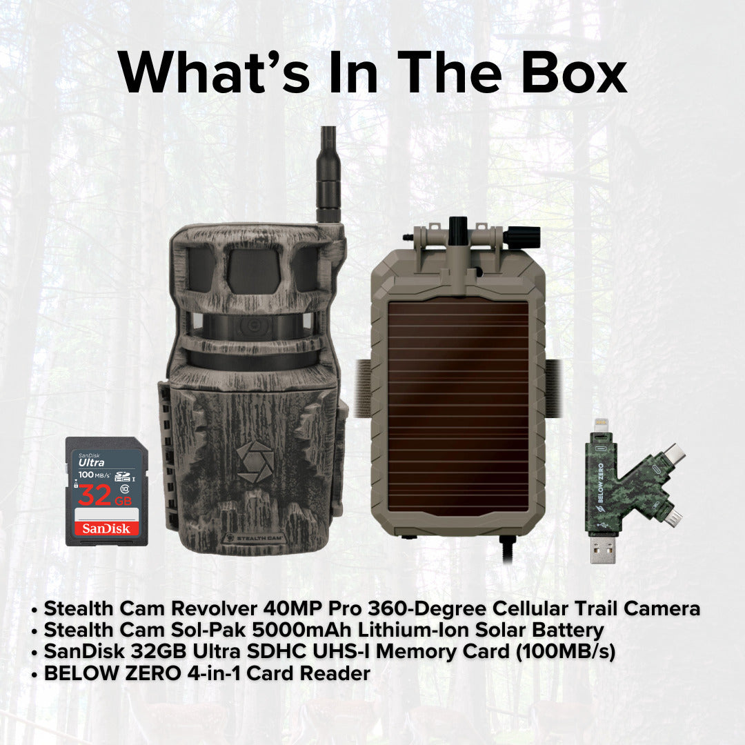 Stealth Cam Revolver Pro Trail Camera with Solar Battery Pack, Memory Card, and Card Reader Bundle