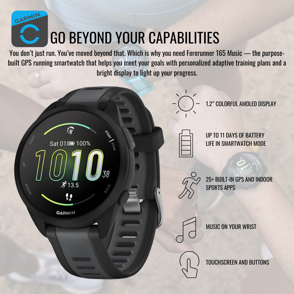 Garmin Forerunner 165 Music GPS Running Smartwatch (Black-Slate Gray) with Charger Stand Bundle