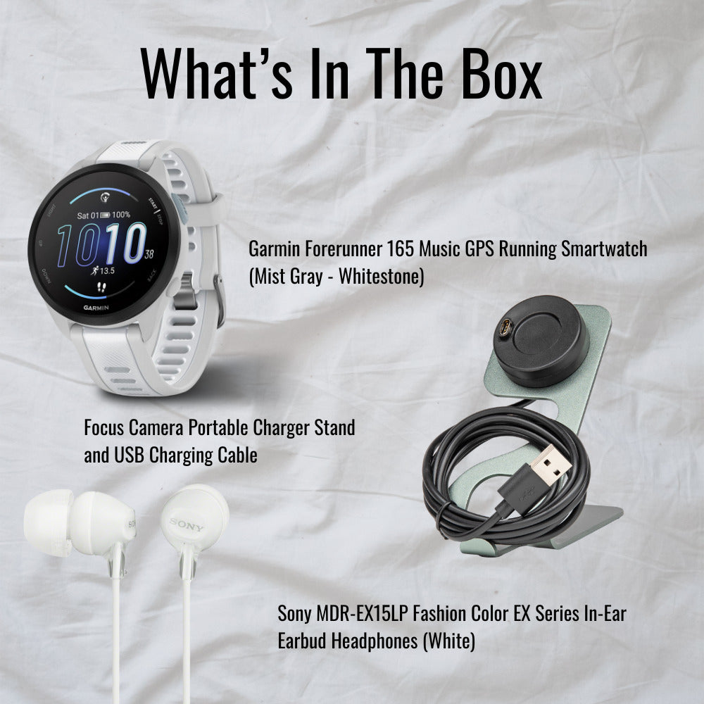 Garmin Forerunner 165 Music GPS Running Smartwatch (Mist Gray-Whitestone) with Charger Stand Bundle