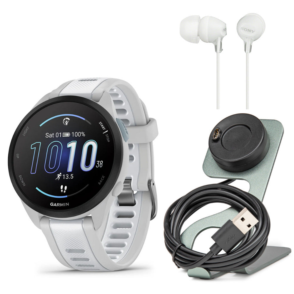 Garmin Forerunner 165 Music GPS Running Smartwatch (Mist Gray-Whitestone) with Charger Stand Bundle