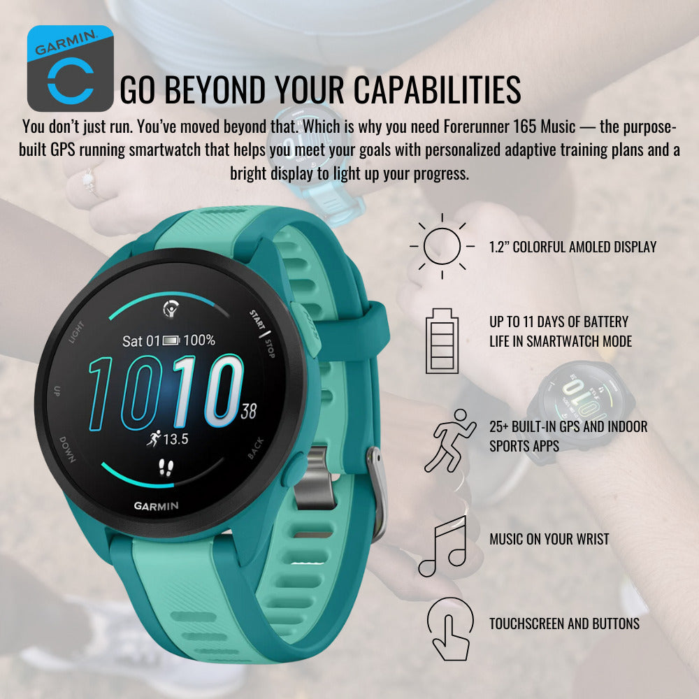 Garmin Forerunner 165 Music GPS Running Smartwatch (Turquoise-Aqua) with Charger Stand Bundle