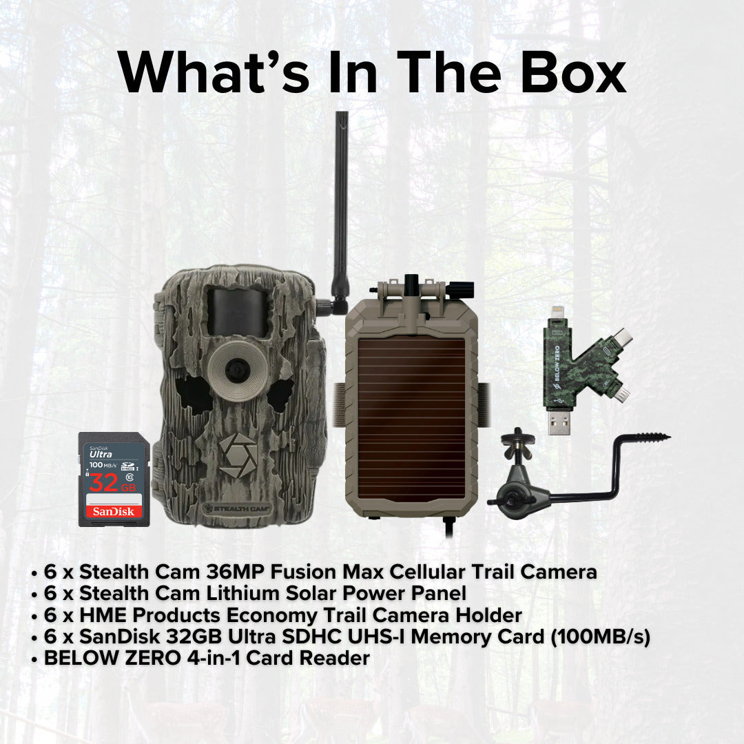 Stealth Cam 36MP Fusion Max Cellular Trail Camera with Lithium Solar Power Panel Bundle (6-Pack)