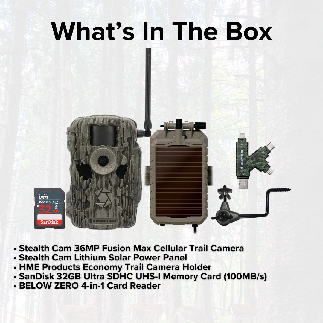 Stealth Cam 36MP Fusion Max Cellular Trail Camera with Solar Power Panel and Camera Holder Bundle
