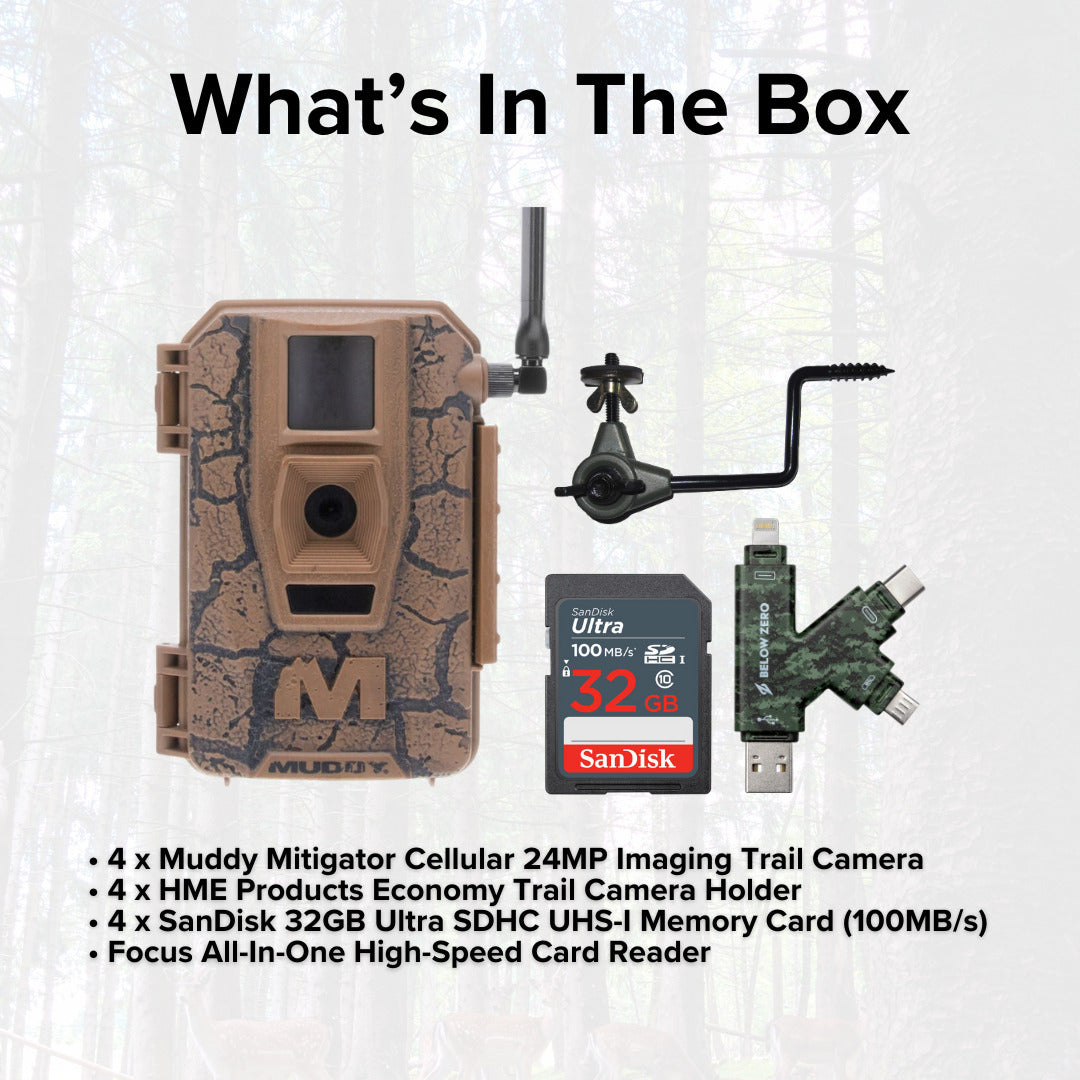 Muddy Mitigator Cellular 24MP Imaging Trail Camera with 0.7 Second Trigger Speed (4-Pack) Bundle