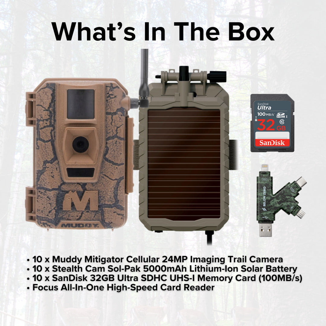 Muddy Mitigator Cellular 24MP Imaging Trail Camera (10-Pack) with 10x 5000mAh Solar Battery Bundle