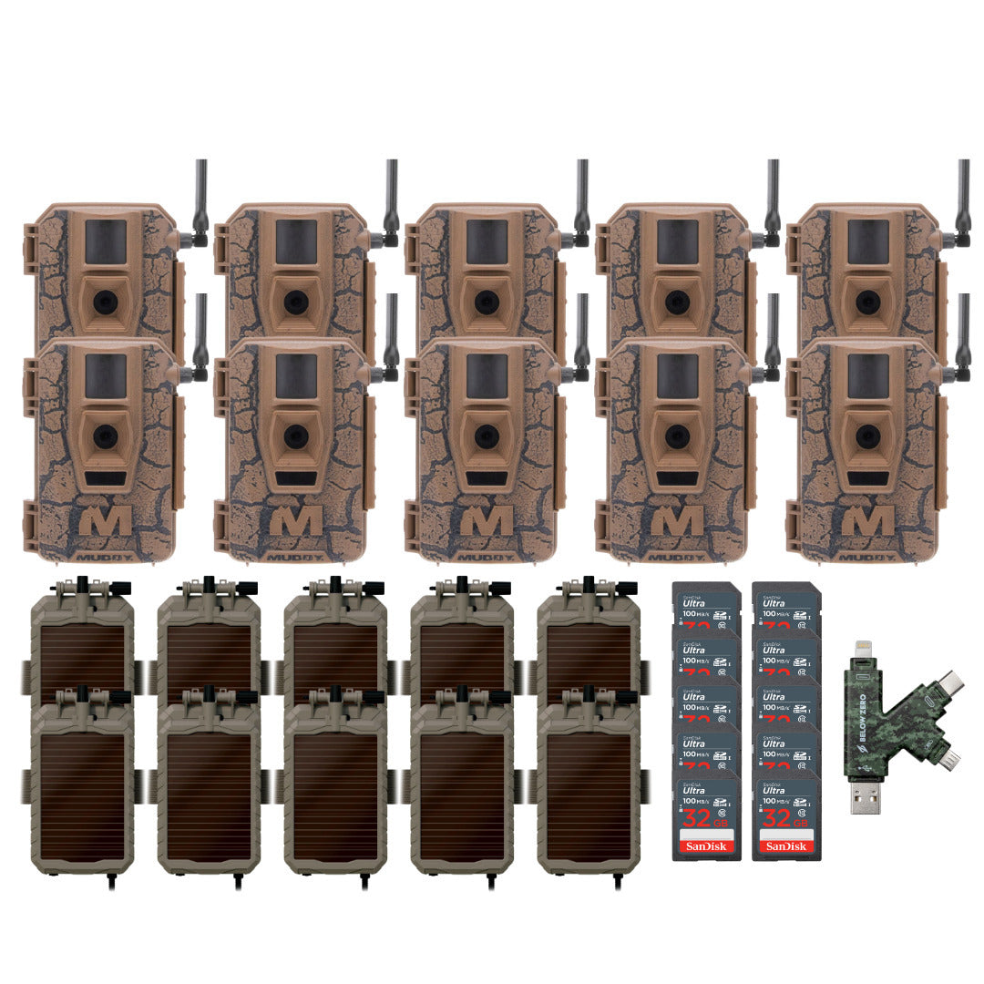 Muddy Mitigator Cellular 24MP Imaging Trail Camera (10-Pack) with 10x 5000mAh Solar Battery Bundle
