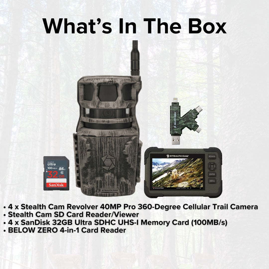 Stealth Cam Revolver 40MP Pro 360 Degree Cellular Trail Camera with SD Card Reader (4-Pack) Bundle