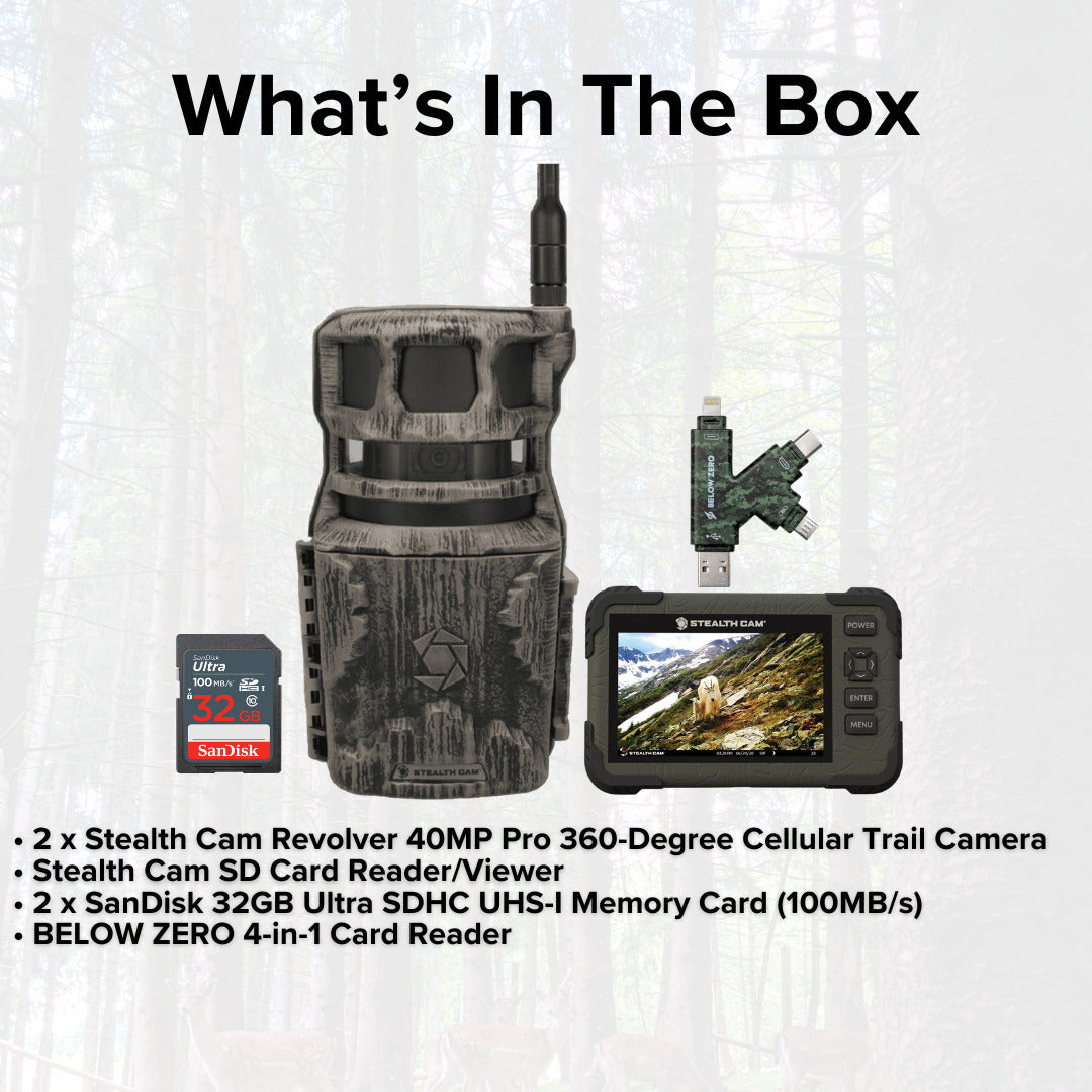 Stealth Cam Revolver 40MP Pro 360 Degree Cellular Trail Camera with SD Card Reader (2-Pack) Bundle