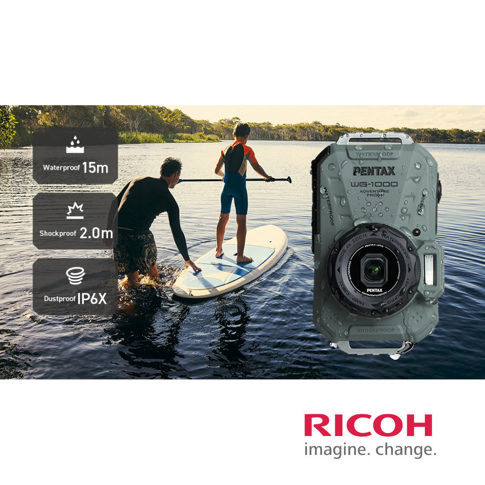 Pentax WG-1000 All-Weather Compact Camera with 4x Optical Zoom and 20 Color Modes (Olive) Bundle