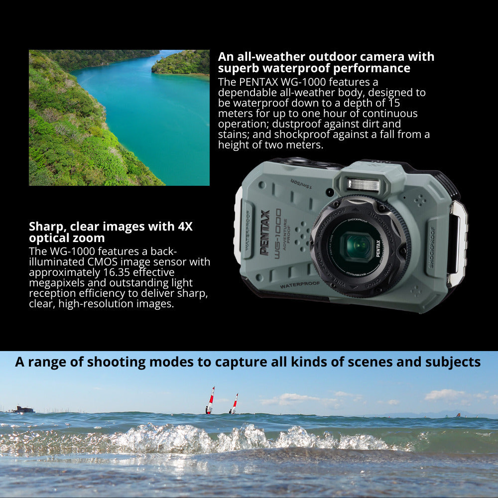 Pentax WG-1000 All-Weather Compact Camera with 4x Optical Zoom and 20 Color Modes (Olive) Bundle
