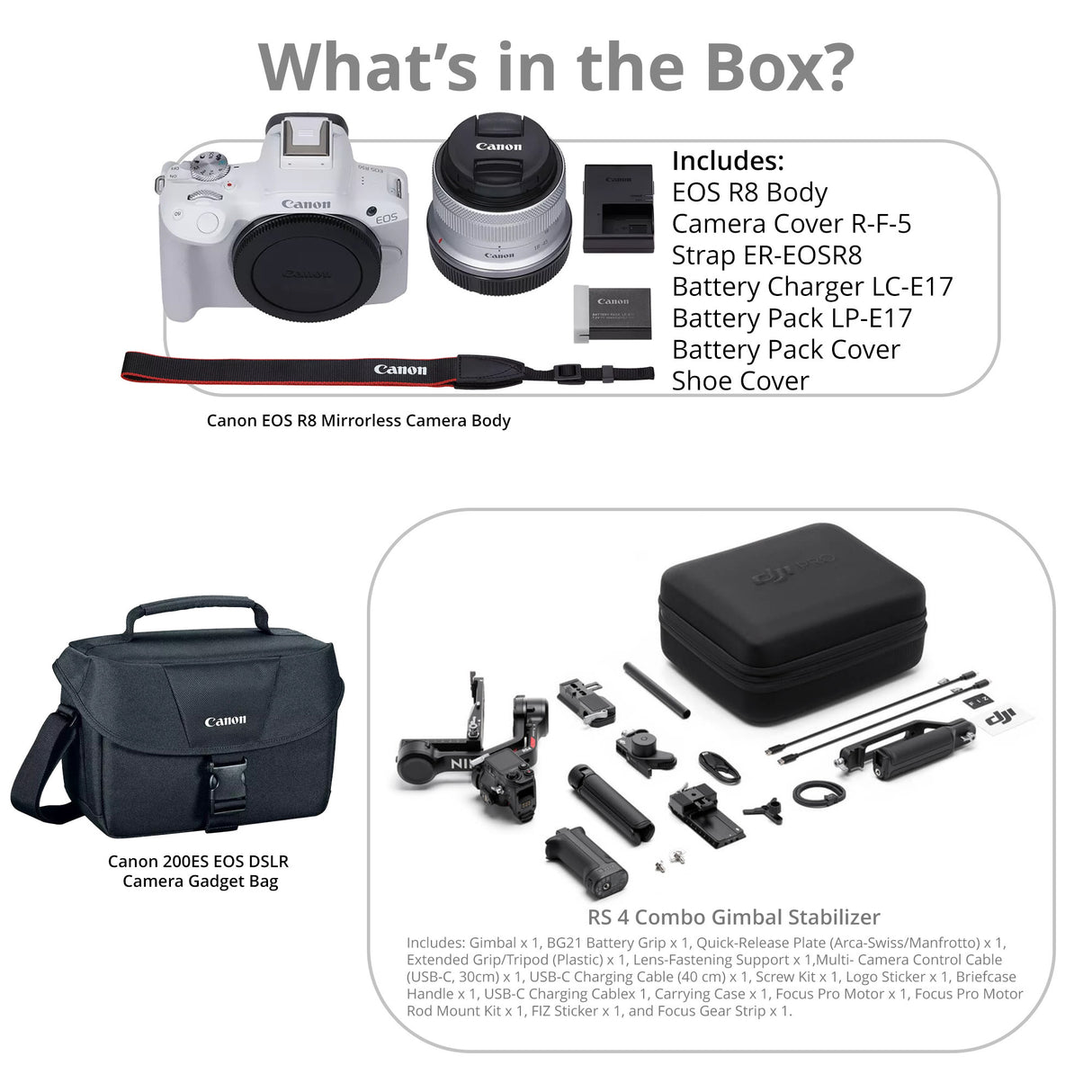 Canon EOS R50 Mirrorless Camera Bundle with 18-45mm Lens, DJI RS 4 Gimbal Stabilizer and Gadget Bag