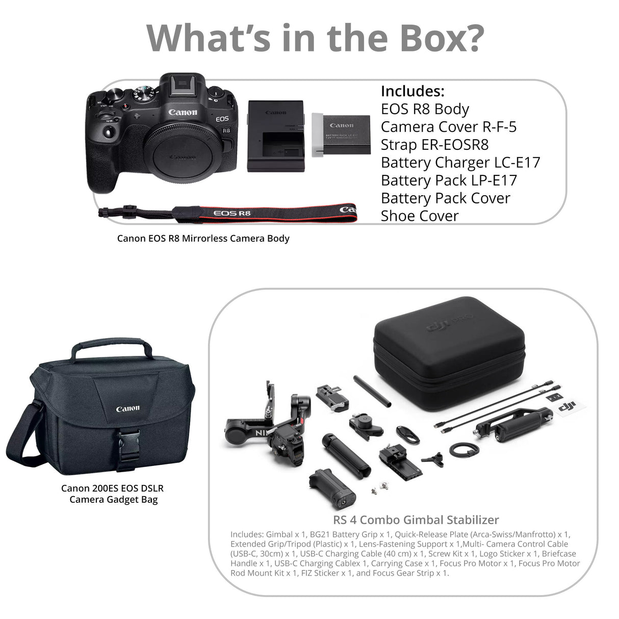 Canon EOS R8 Mirrorless Camera Bundle with DJI RS 4 Gimbal Stabilizer and Gadget Bag