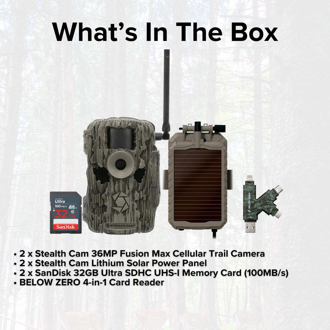 Stealth Cam Fusion MAX Dual Sim 36MP Trail Camera (2-Pack) with Solar Power Battery Bundle