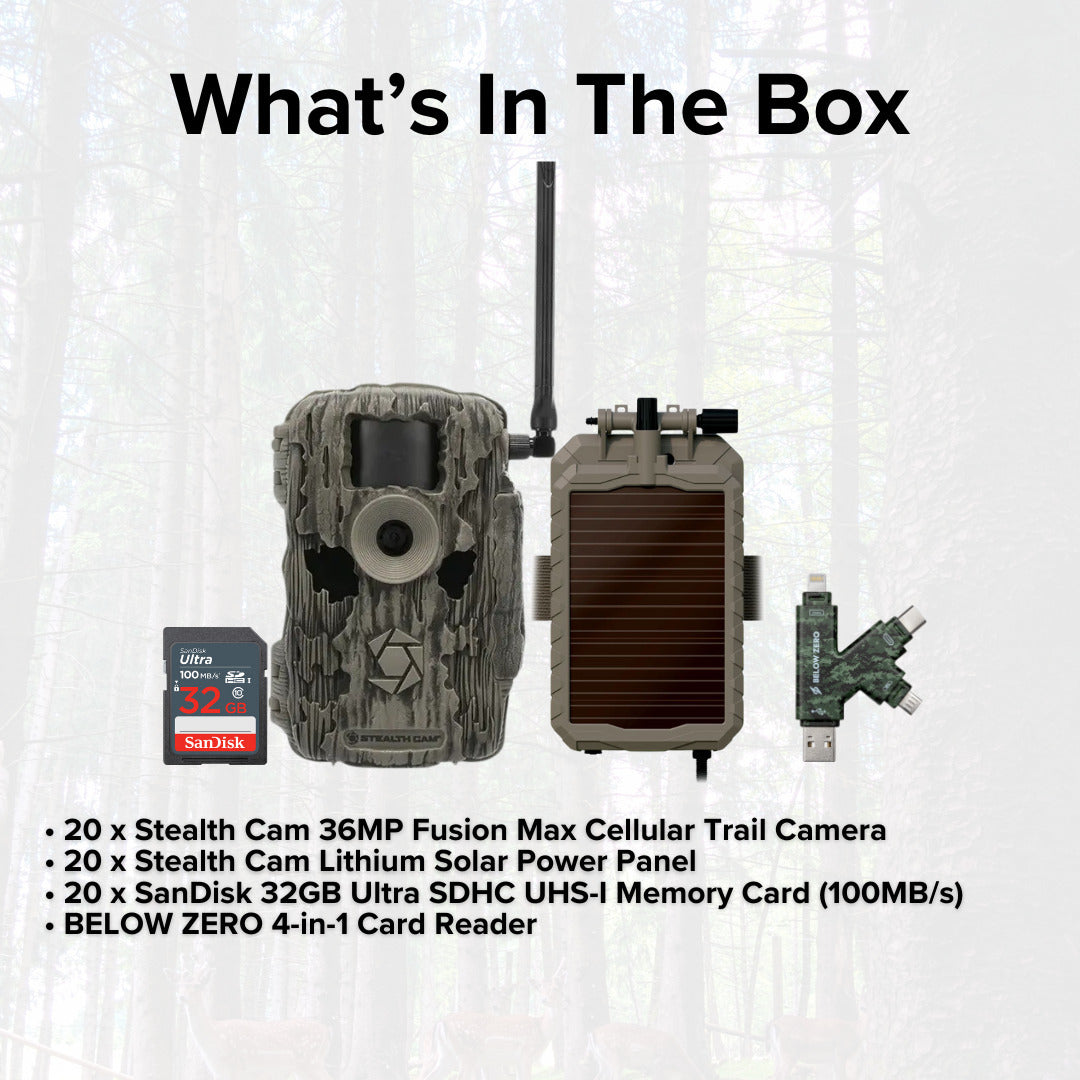 Stealth Cam Fusion MAX Dual Sim 36MP Trail Camera (2-Pack) x 10 with Battery (20-Pack) Bundle