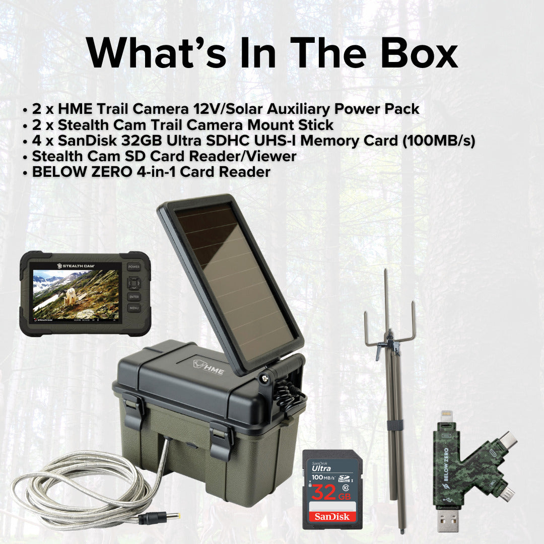 HME Trail Camera 12V with Solar Auxiliary Power Pack (2-Pack) with 2x SD Card Reader-Viewer Bundle