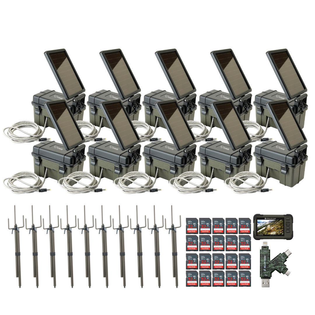 HME Trail Camera 12V with Solar Auxiliary Power Pack (10-Pack) with 10x SD Card Reader-Viewer Bundle