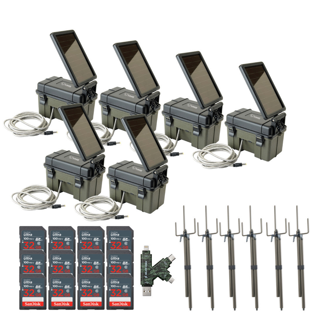 HME Trail Camera 12V with Solar Auxiliary Power (6-Pack) with Camera Mount Stick (6-Pack) Bundle