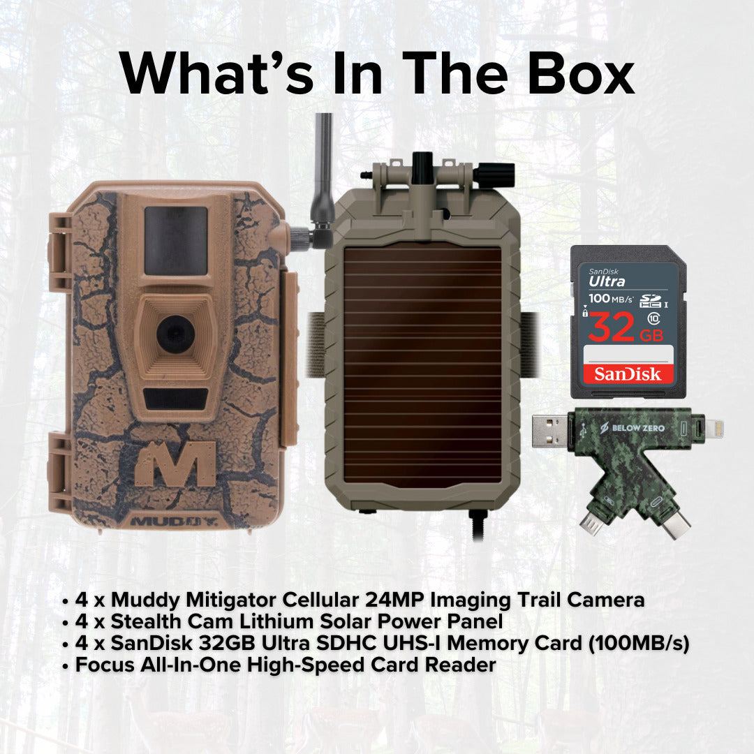 Muddy Mitigator Cellular 24MP Imaging Trail Camera (4-Pack) with 4x Lithium Solar Power Panel Bundle