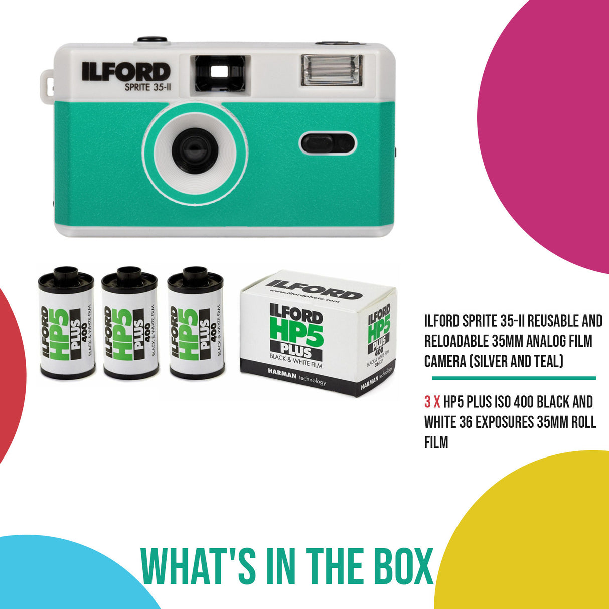 Ilford Sprite 35-II Reusable and Reloadable 35mm Analog Film Camera (Silver and Teal) Bundle
