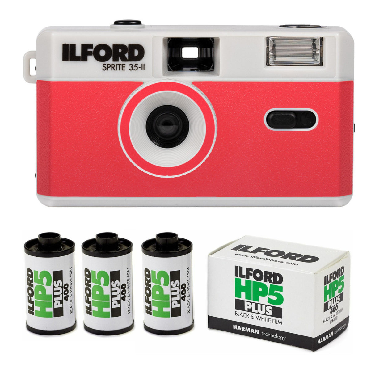 Ilford Sprite 35-II Reusable and Reloadable 35mm Analog Film Camera (Silver and Red) Bundle