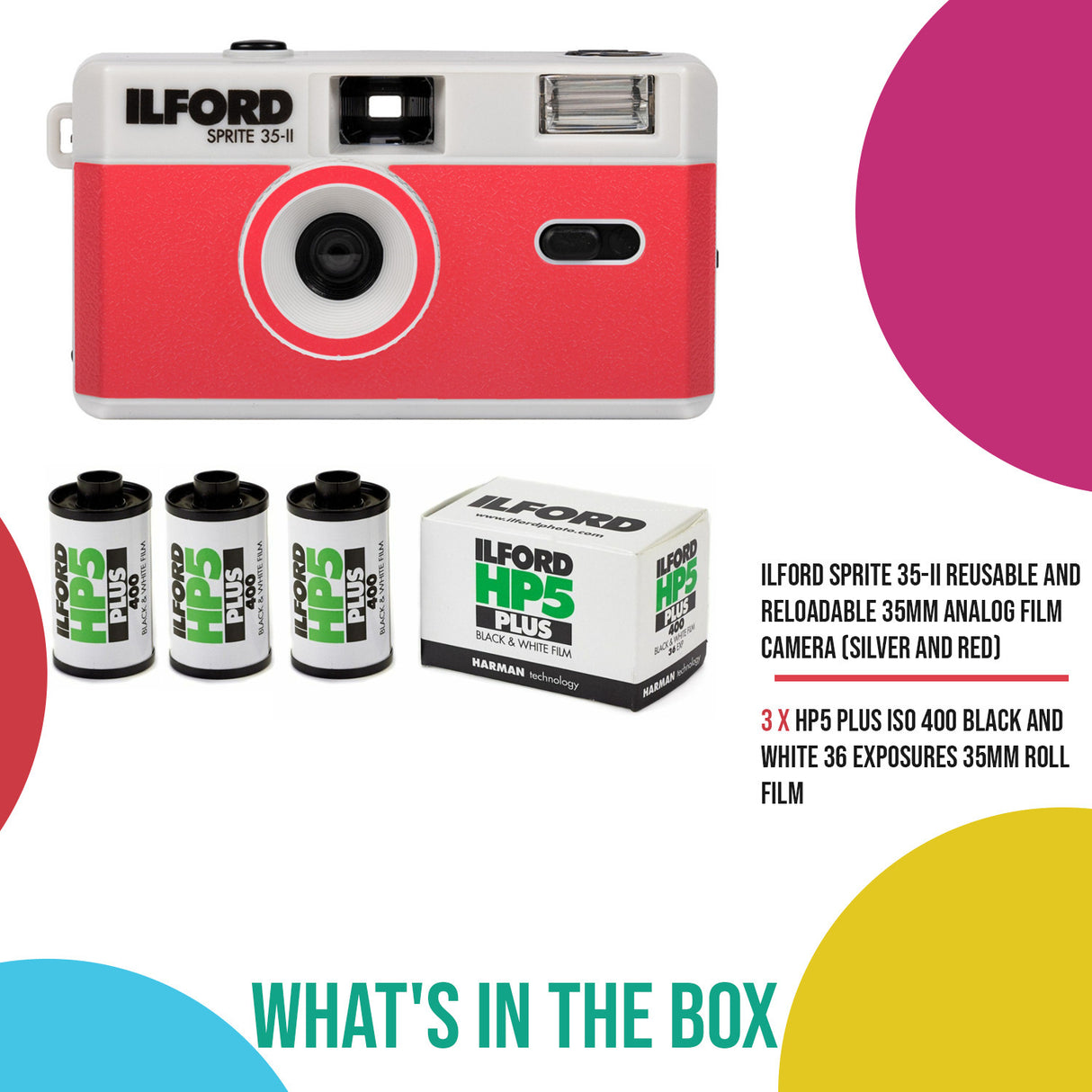 Ilford Sprite 35-II Reusable and Reloadable 35mm Analog Film Camera (Silver and Red) Bundle
