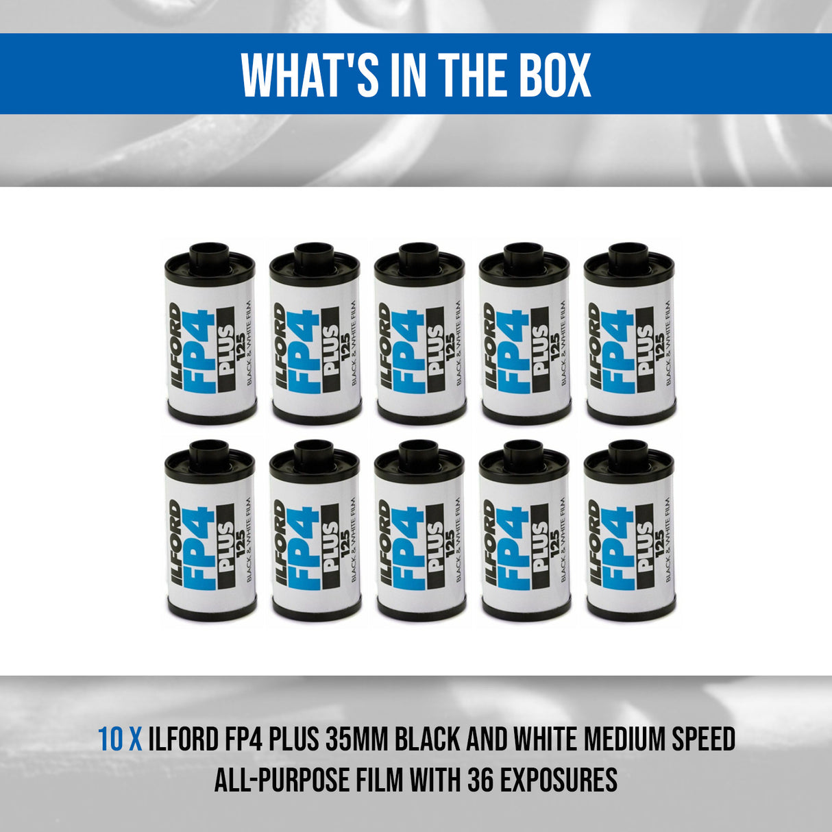 Ilford FP4 Plus 35mm Black and White Medium Speed Roll Film with 36 Exposures (10-Pack) Bundle