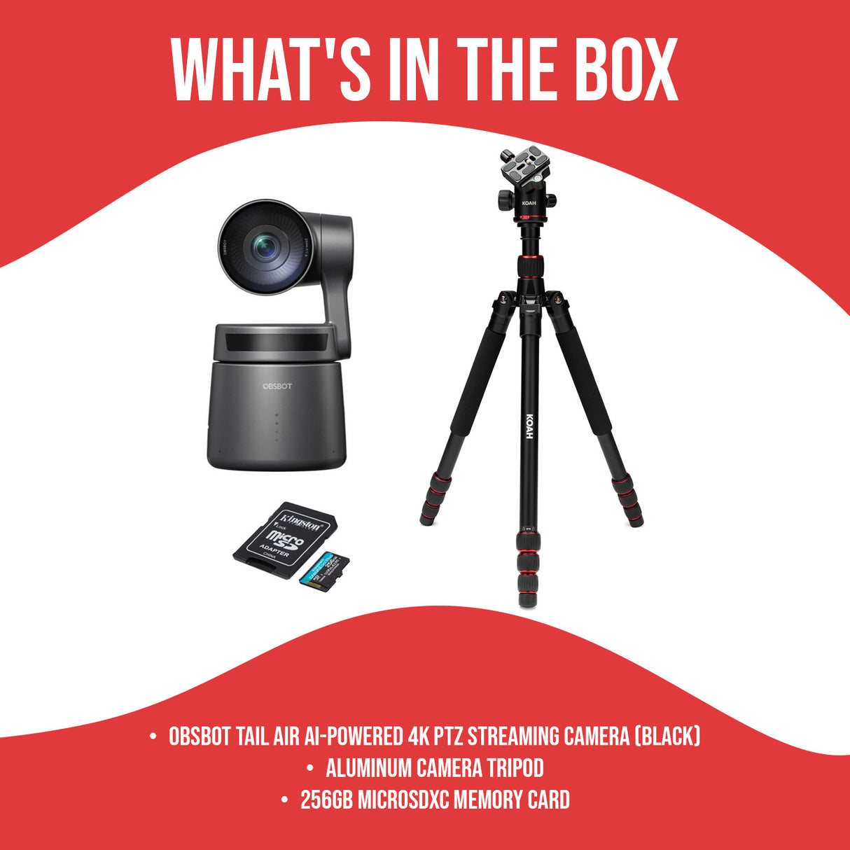 OBSBOT Tail Air AI-Powered 4K PTZ Streaming Camera with UHD Resolutions (Black) Bundle