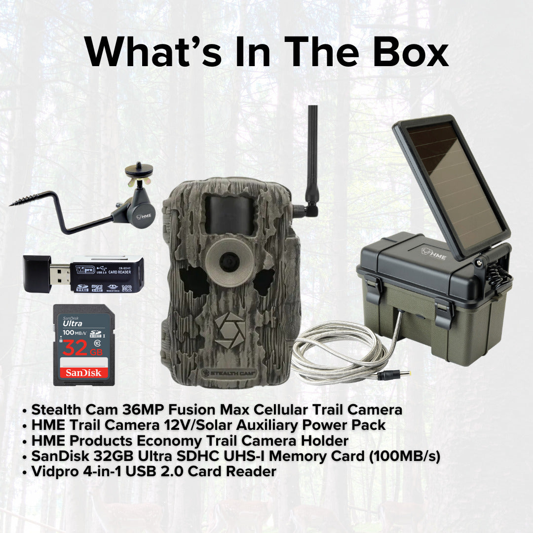 Stealth Cam 36MP Fusion Max Cellular Trail Camera with Solar Power Pack and Camera Holder Bundle
