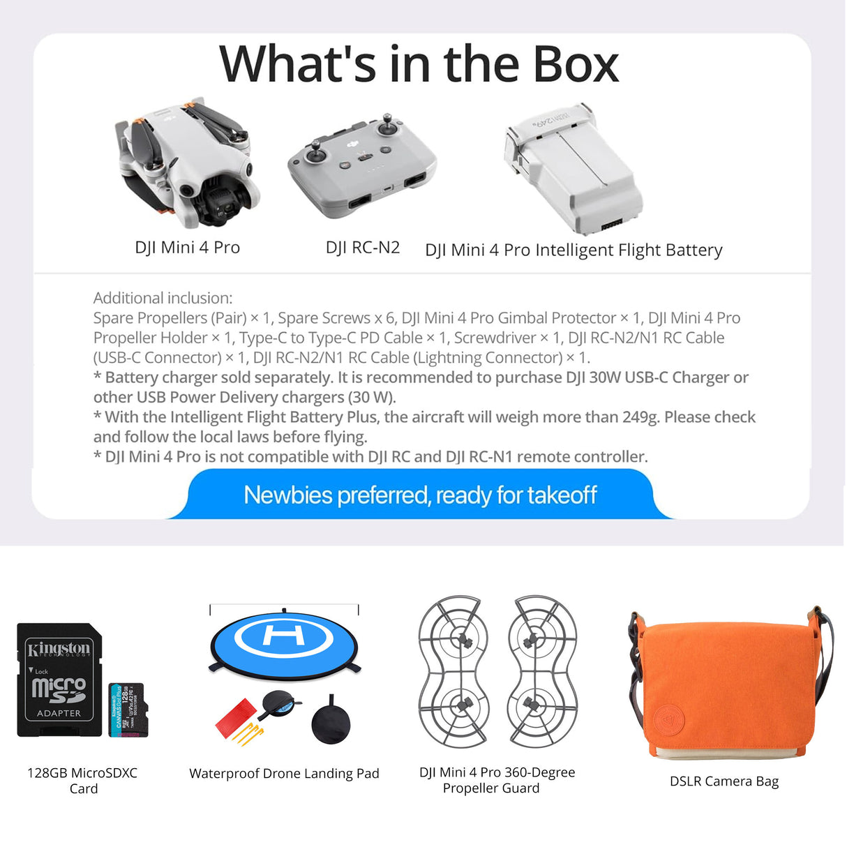 DJI Mini 4 Pro Drone with RC-N2 Controller with Mini 4 Pro 360° Propeller Guard, 128GB MicroSD card