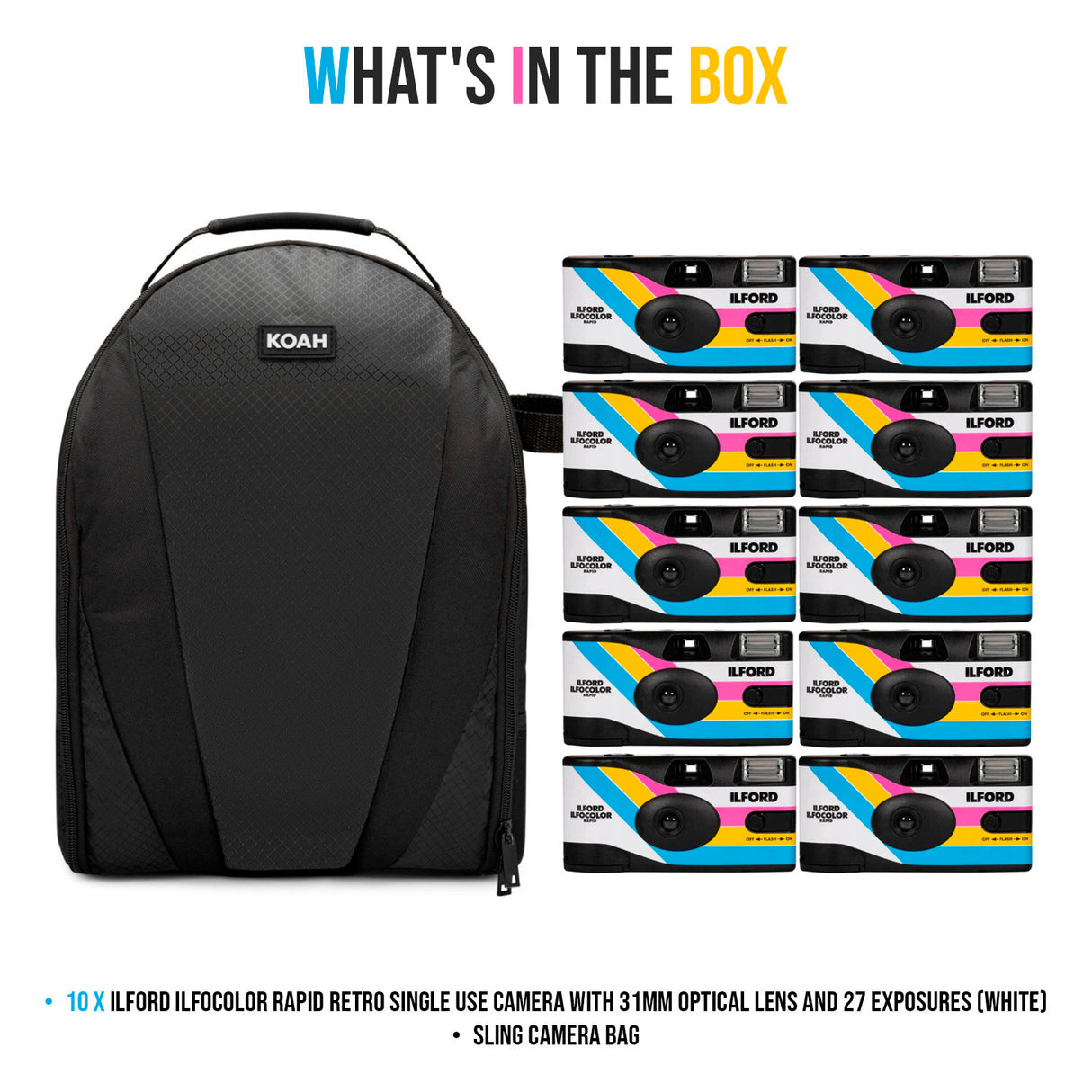 Ilford Ilfocolor Rapid Retro Single Use Camera with 31mm Optical Lens (White, 10-Pack) Bundle