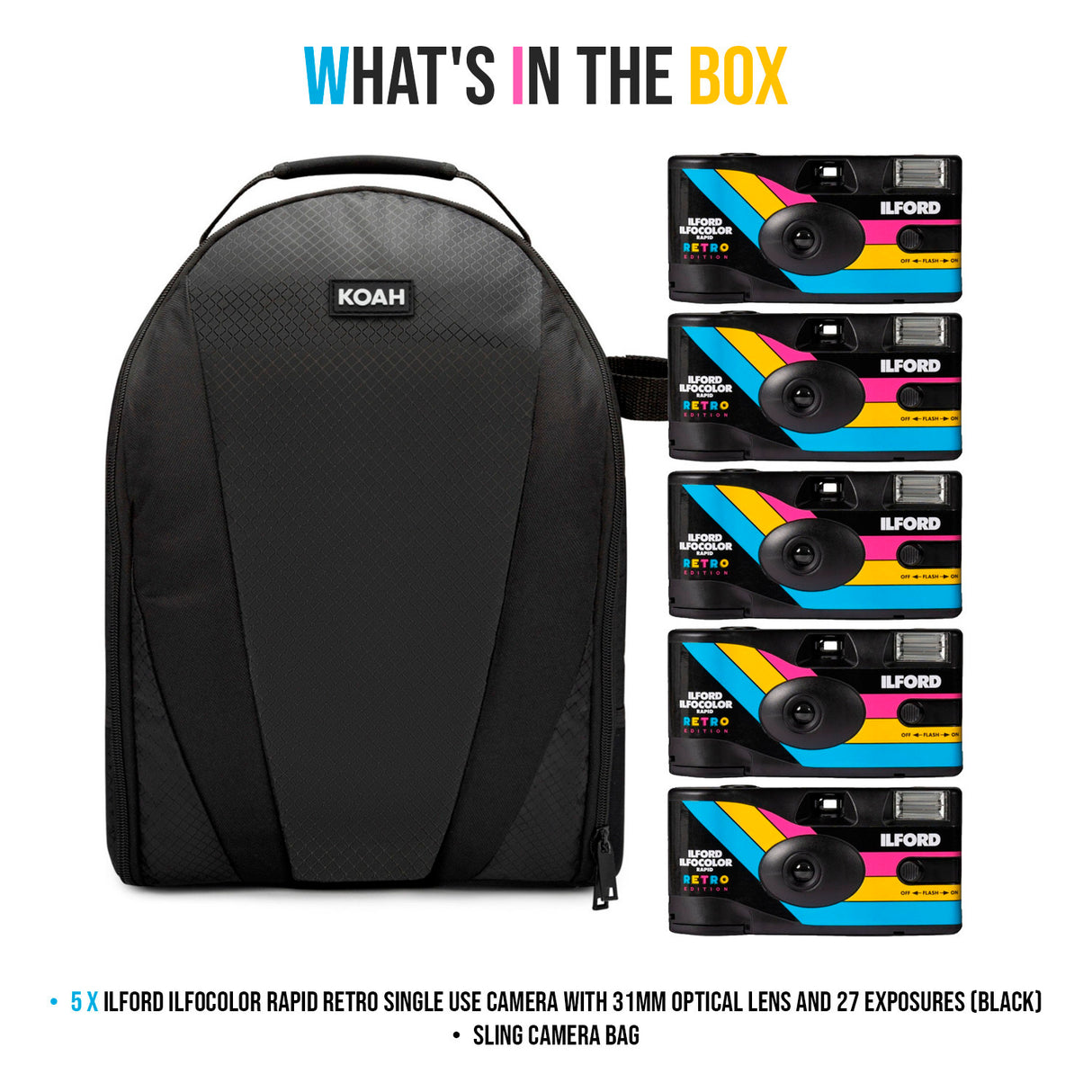 Ilford Ilfocolor Rapid Retro Single Use Camera with 31mm Optical Lens (Black, 5-Pack) Bundle