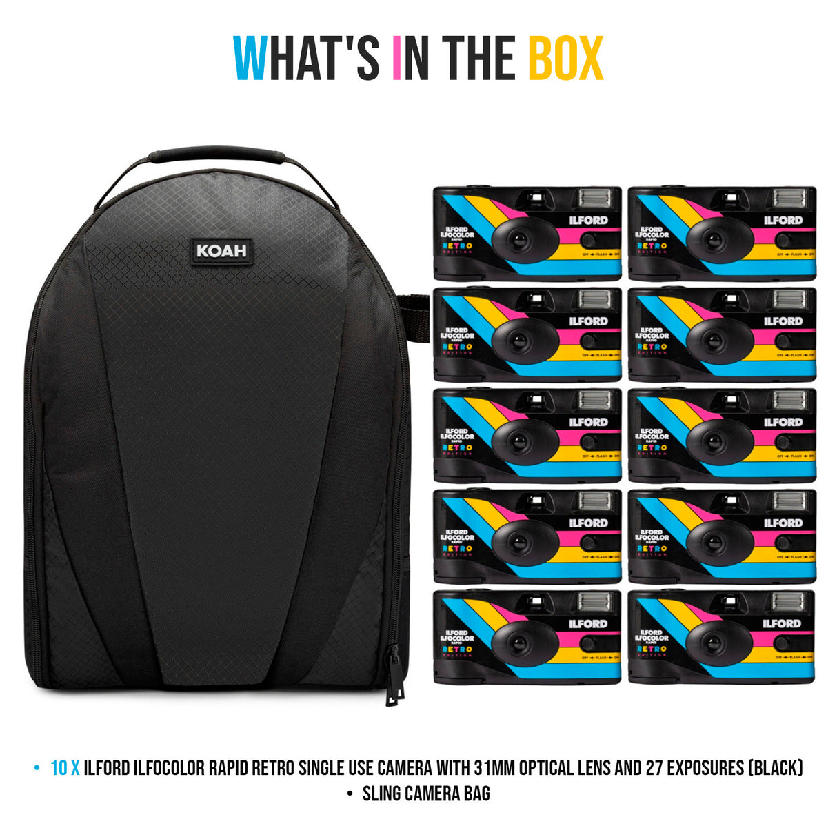 Ilford Ilfocolor Rapid Retro Single Use Camera with 31mm Optical Lens (Black, 10-Pack) Bundle