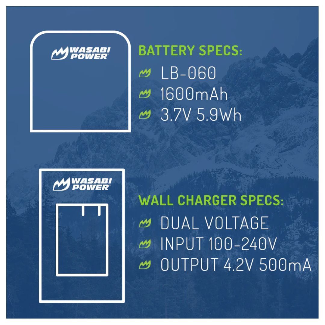 Wasabi Power Battery (2-Pack) and Charger for Kodak LB-060 with Overcharge Protection (Black)
