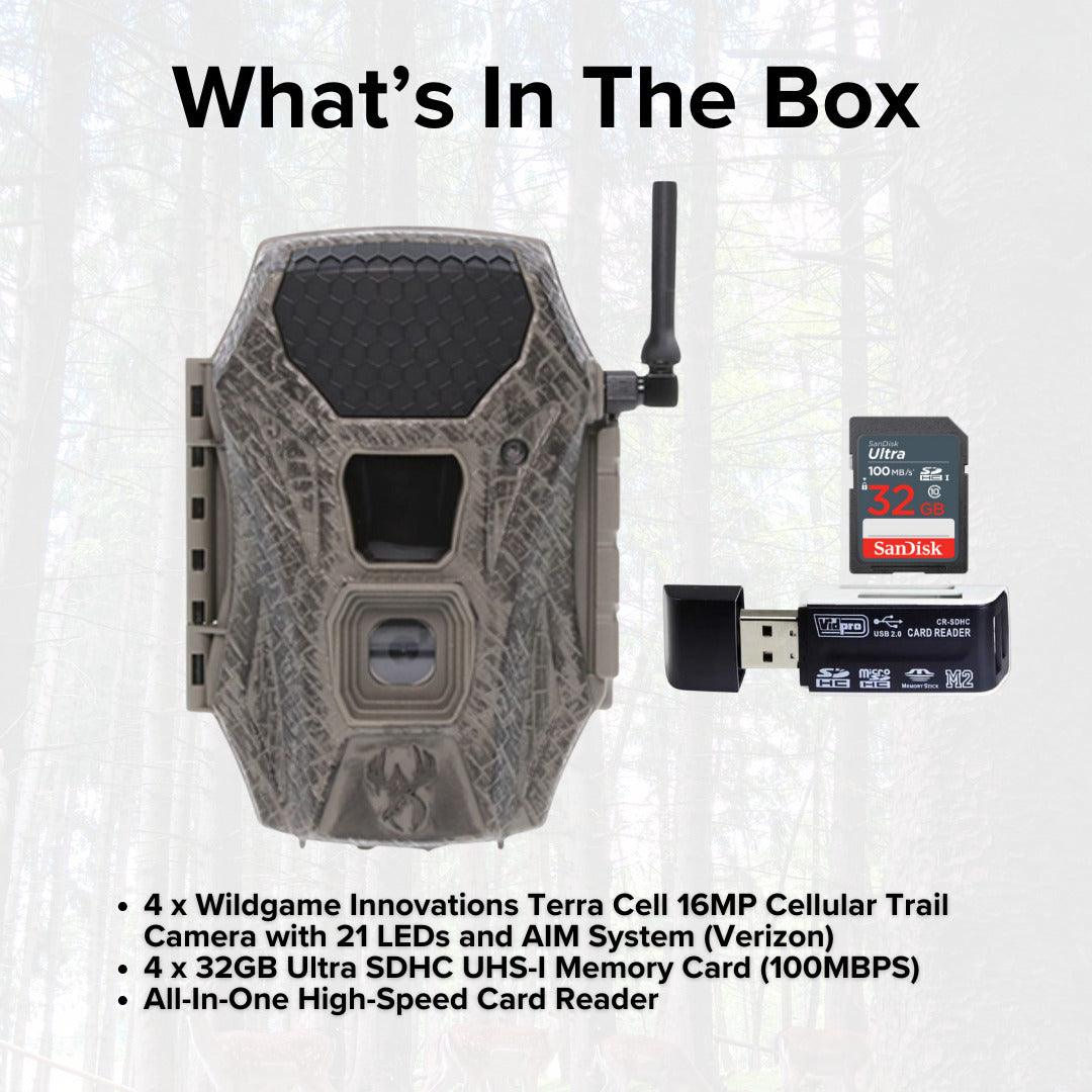 Wildgame Innovations Terra Cell 16MP Cellular Trail Camera (4-Pack) with 4x Memory Card Bundle