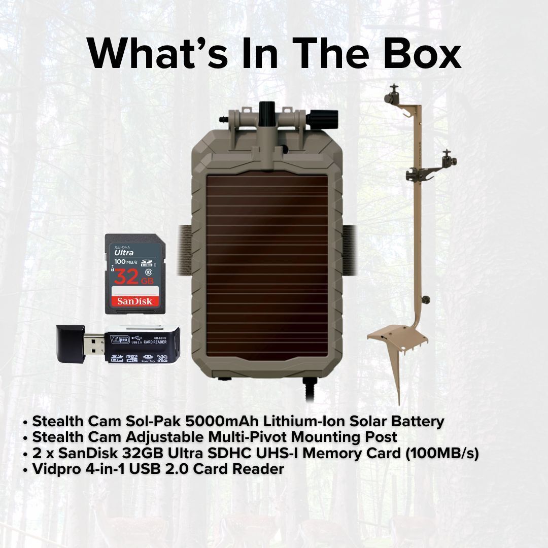 Stealth Cam Adjustable Multi-Pivot Mounting Post for Trail Camera and Solar Pak Battery Bundle