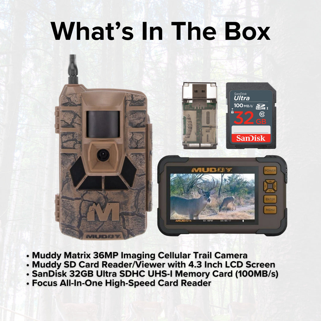 Muddy Matrix 36MP Imaging Cellular Trail Camera with On Demand Photo with Card Reader Bundle